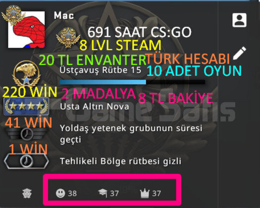 691 SAAT l 2 MADALYA l TÜRK HESABI l 8 LVL STEAM