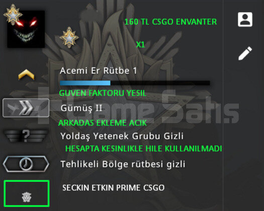 CSGO PRIME 160 TL ENVANTER 2 MADALYA YESIL FAKTOR