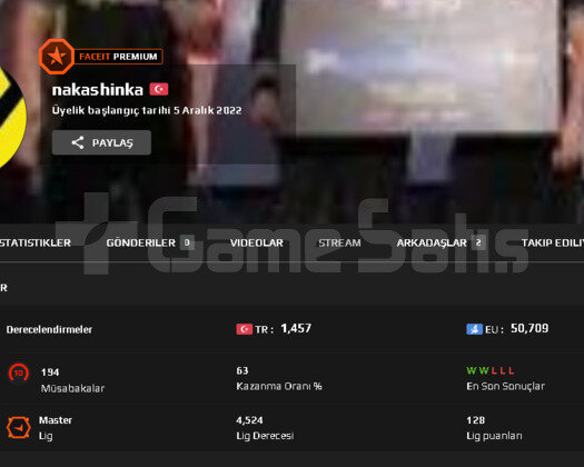 Faceit Premium+Faceit 10 LVL+ 2424 Elo TR Hesabı