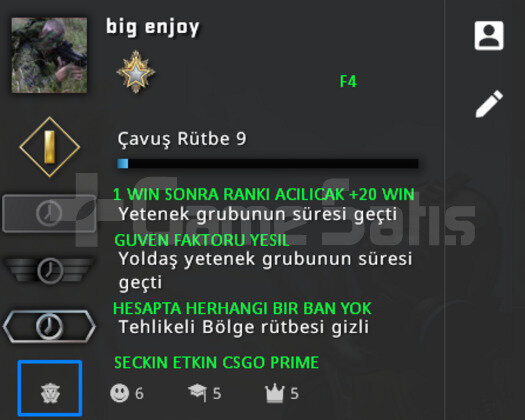 1 MADALYA CSGO PRIME RANK ACIK GUVEN FAKTORU YESIL