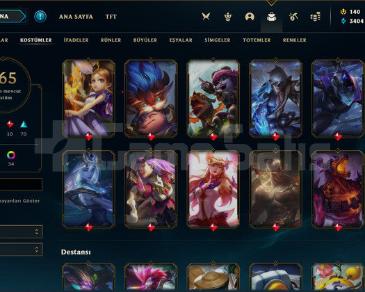170 KOSTÜM ÇOĞU DESTANSI YÜKSEK MMR LOL HESAP