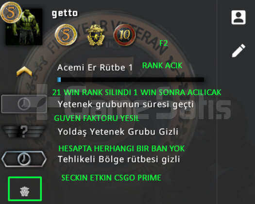 3 MADALYA | PRIME CSGO RANK ACIK | YESIL FAKTOR