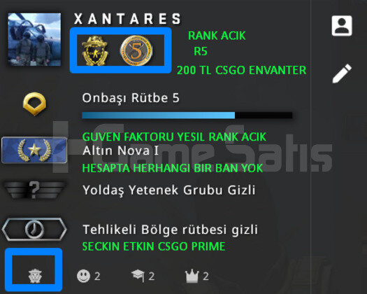 CSGO PRIME RANK ACIK NOVA YESIL FAKTOR +200 TL ENV