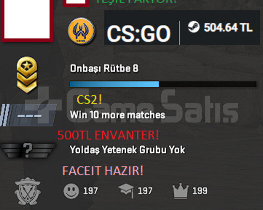 CS2 Lİ 500TL ENVANTER YEŞİL FAKTÖR TÜRK HESABI