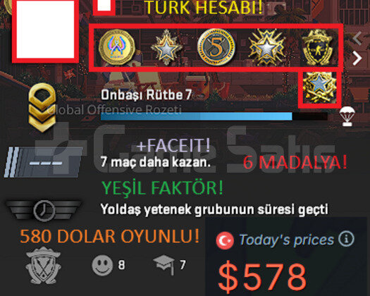 INDIRIM 6 MADALYA 580 DOLAR OYUN TURK HESABI
