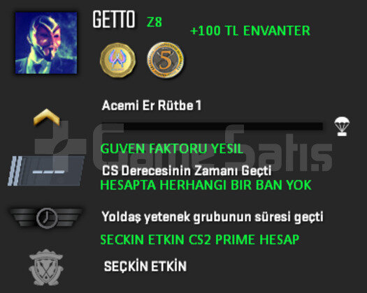CS2 PRIME 2 MADALYA GUVEN FAKTORU YESIL 100 TL ENV