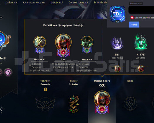 2021 REG 109 LVL HANDMADE LOL HESABI 200K ZED