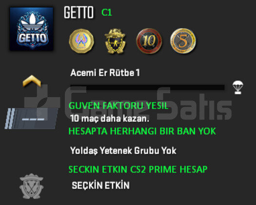 CS2 Prime | 4 Madalya | Yeşil Faktör + Garanti