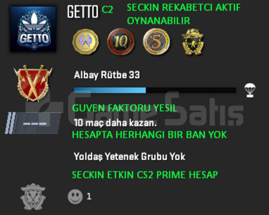 CS2 Prime | 4 Madalya | Yeşil Faktör + Garanti
