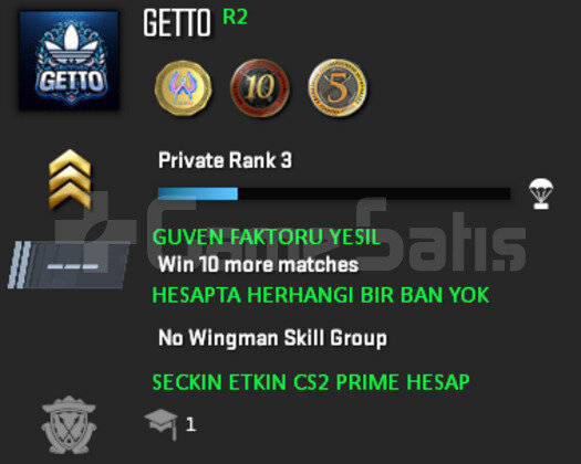CS2 Prime | 3 Madalya | Yeşil Faktör + Garanti R2
