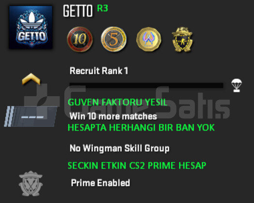 CS2 Prime | 4 Madalya | Yeşil Faktör + Garanti R3