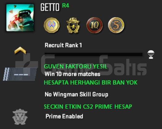 CS2 Prime | 4 Madalya | Yeşil Faktör + Garanti R4