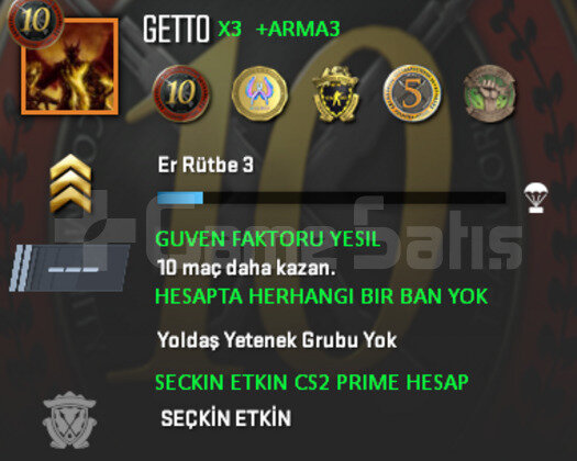 CS2 Prime | 5 Madalya | Yeşil Faktör + Garanti