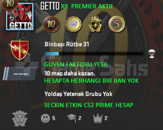 CS2 Prime | Premier Aktif | Yeşil Faktör + Garanti