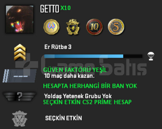 CS2 Prime | 4 Madalya | Yeşil Faktör + Garanti