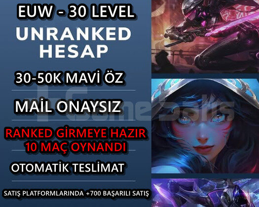 EUW - DERECELİ HAZIR - MAİL ONAYSIZ - 30LV