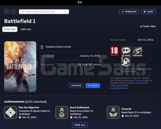 FC 25 ve battlefield 1 kalıcı