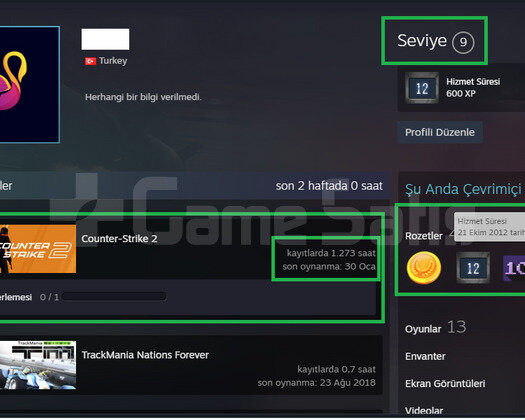 3K OYUN + 7 MADALYA 521 WİN 1273 SAAT SEÇKİN
