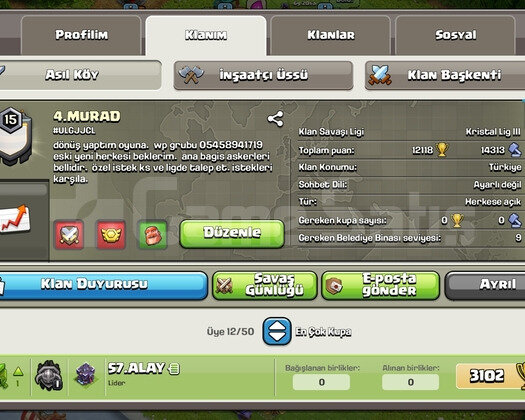 15 seviye satılık ismi güzel clan