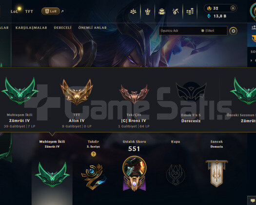 TFT ZÜMRÜT + 232 SKİN FULL LOL HESABI