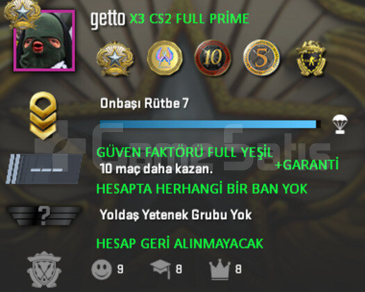 CS2 Prime | 5 Madalya | Yeşil Faktör + Garanti
