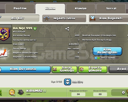 25 SEVİYE KLAN 8 SEVİYE BAŞKENT