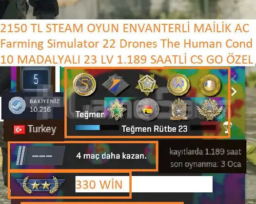 10 MADALYALI 23 LV 2150 TL STEAM OYUN ENVANTERLİ M