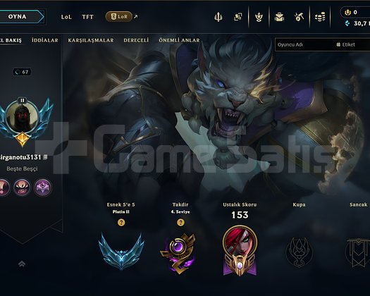 TR // 15 SKIN // PLAT 2 // RENGAR SKINLI // 30K BE