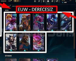 EUW / 86 LVL + 12 SKİN + DERECESİZ + MAİL !!