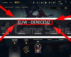 EUW / 42 LVL + 4 SKİN + DERECESİZ + MAİL+TEL !!