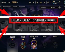 EUW / 52 LVL + 6 SKİN + DEMİR MMR + MAİL !!