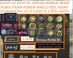 19 MADALYALI 32 LV FACEİT 5.619 CS 2 SAATLİ 70.883