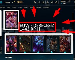 EUW / 30 LVL + 13 SKİN + DERECESİZ + 1443 RP !!!!!