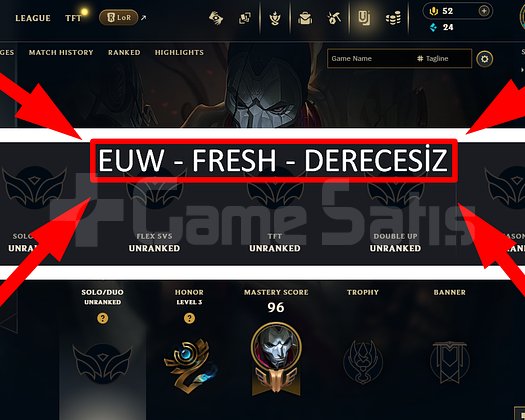 EUW / 30 LVL + 2 SKİN + FRESH + DERECESİZ !!