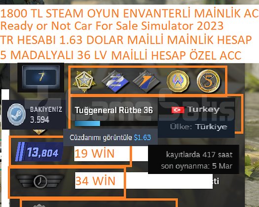 5 MADALYALI 36 LV TR HESABI Ready or Not 1800 TL S