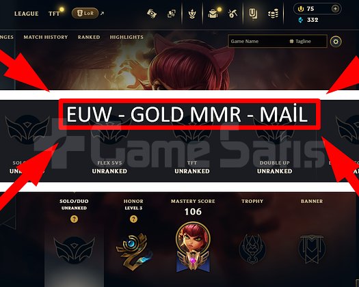 EUW / 34 LVL + 9 SKİN + ALTIN MMR + MAİL !!