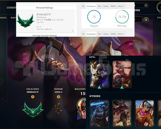 EUW ZÜMRÜT 4 74 WINRATE 9 ÇOK GÜZEL SKIN FIRSAT
