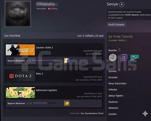CS2 ve Aktif Oyun Geçmişli - 919 Saat - 7 Rozetli