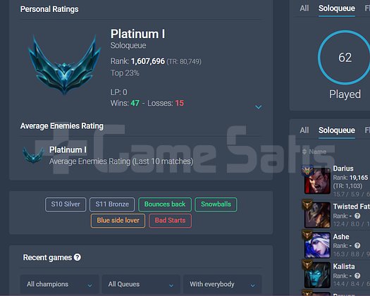 62 MAÇ 75 WR PLATİN 1 HESAP SMURF DELİLERİ İÇİN.