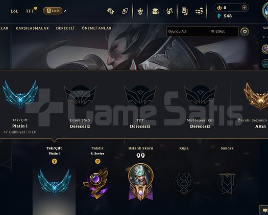 62 MAÇ 75 WR PLATİN 1 HESAP SMURF DELİLERİ İÇİN.