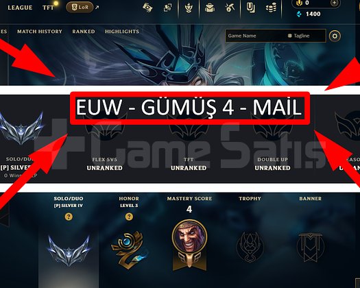 EUW / 30 LVL + 1 SKİN + GÜMÜŞ 4 + MAİL