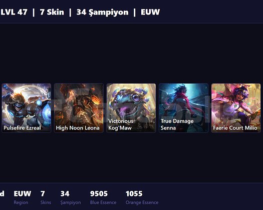 EUW / 47 LVL + 7 SKİN + ESKİ SEZON ZÜMRÜT !!
