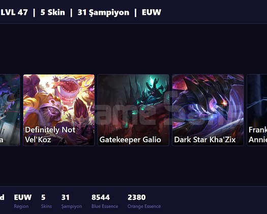 EUW / 47 LVL + 5 SKİN + FRESH + RANK HAZIR !!