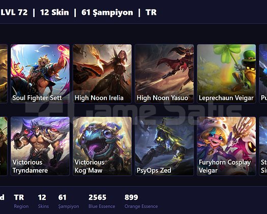 TR/ 72 LVL + 12 SKİN + ESKİ SEZON ZÜMRÜT + ONAYSIZ