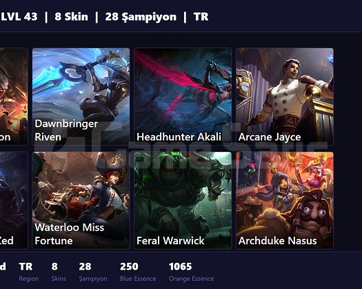 TR / 43 LVL + 8 SKİN + UNRANKED + FRESH !!