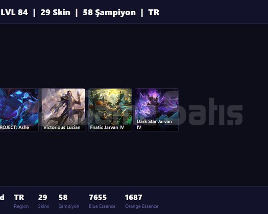 TR / 84 LVL + 29 SKİN + ALTIN MMR + 1505 RP !!