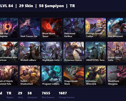 TR / 84 LVL + 29 SKİN + ALTIN MMR + 1505 RP !!