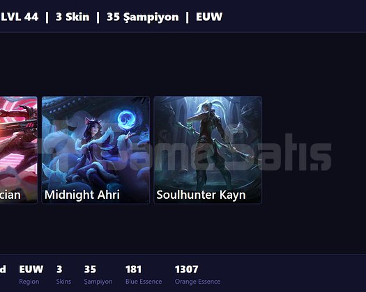 EUW / 44 LVL + 3 SKİN + RANK HAZIR + FRESH !!