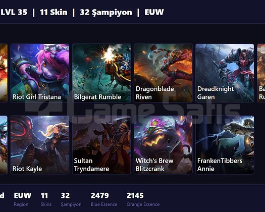 EUW / 35 LVL + 11 SKİN + UNRANKED + FRESH