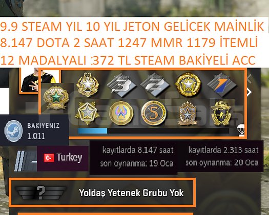 12 MADALYALI 372 TL STEAM BAKİYELİ 8.146 DOTA 2 SA